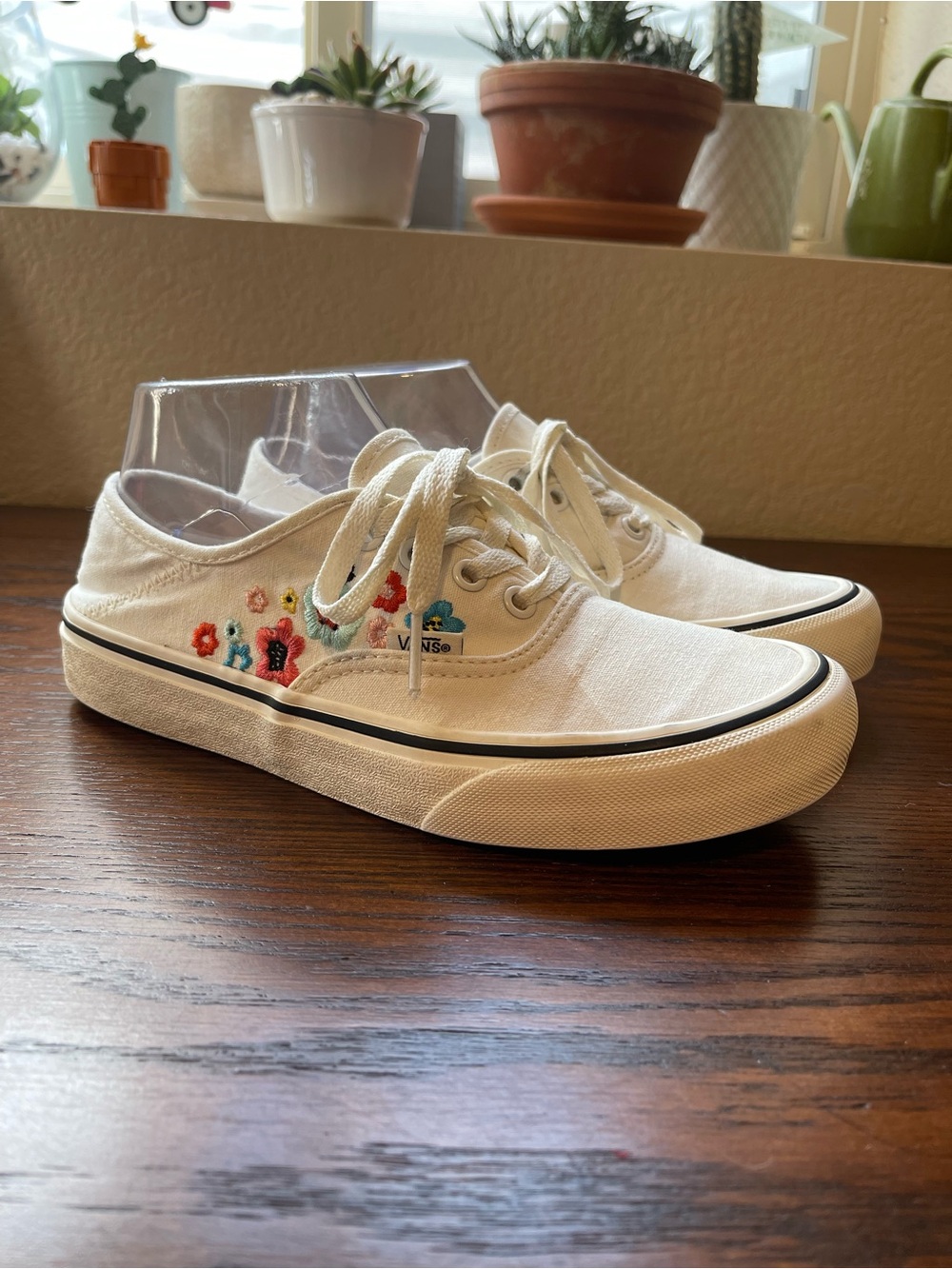 Women’s Cream Vans Eco Canvas Lace-Up Sneakers with Multicolor Floral Embroidery